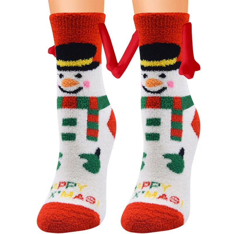 Cute Christmas Magnetic Socks Cotton Santa Claus Bear Pattern Hand In Hand Celebrity Couple Sock Mid Tube Soft Socks With Magnet ShopOnlyDeal