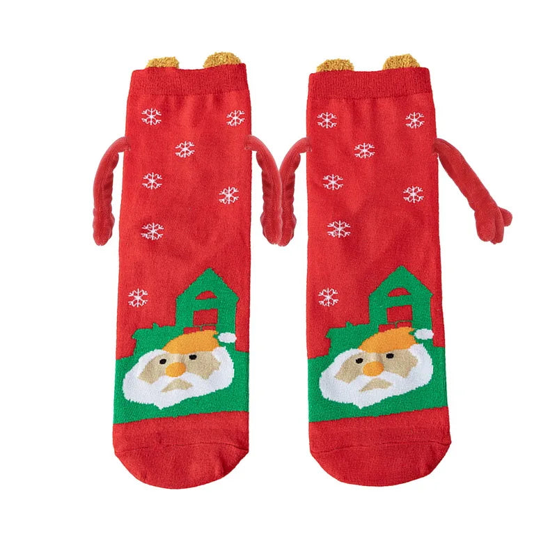 Cute Christmas Magnetic Socks Cotton Santa Claus Bear Pattern Hand In Hand Celebrity Couple Sock Mid Tube Soft Socks With Magnet ShopOnlyDeal