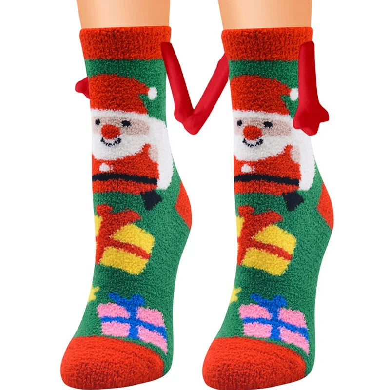 Cute Christmas Magnetic Socks Cotton Santa Claus Bear Pattern Hand In Hand Celebrity Couple Sock Mid Tube Soft Socks With Magnet ShopOnlyDeal