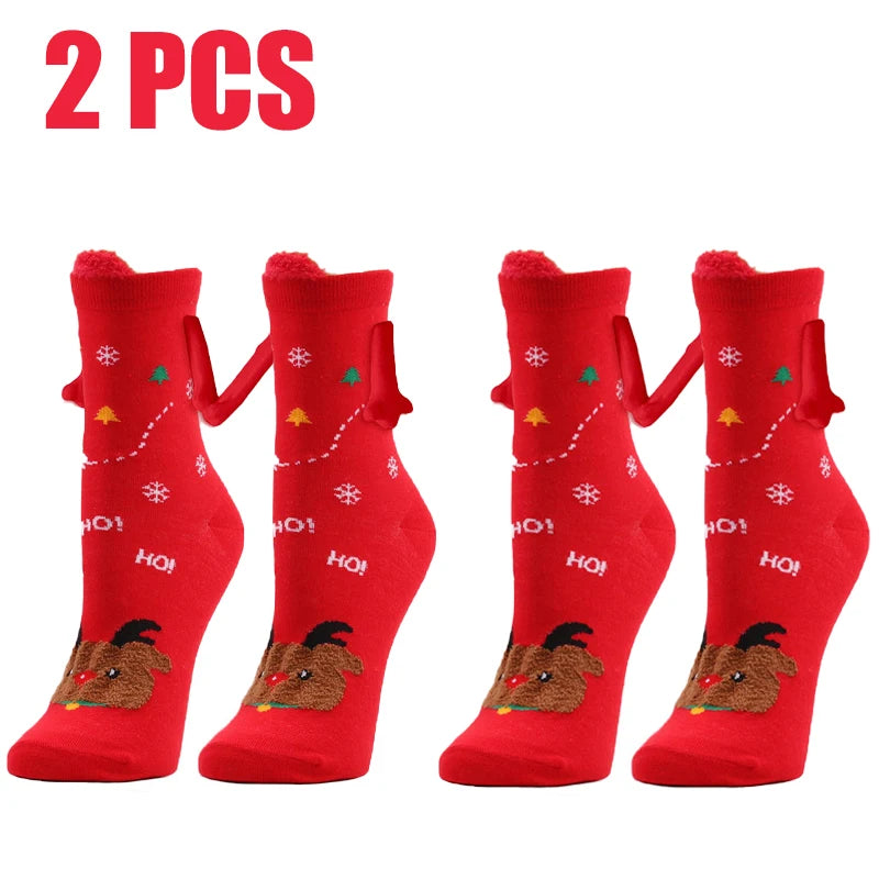 Cute Christmas Magnetic Socks Cotton Santa Claus Bear Pattern Hand In Hand Celebrity Couple Sock Mid Tube Soft Socks With Magnet ShopOnlyDeal