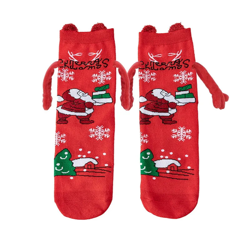 Cute Christmas Magnetic Socks Cotton Santa Claus Bear Pattern Hand In Hand Celebrity Couple Sock Mid Tube Soft Socks With Magnet ShopOnlyDeal