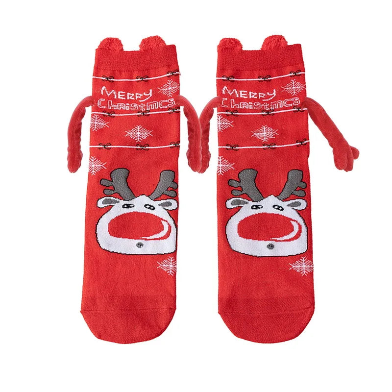 Cute Christmas Magnetic Socks Cotton Santa Claus Bear Pattern Hand In Hand Celebrity Couple Sock Mid Tube Soft Socks With Magnet ShopOnlyDeal