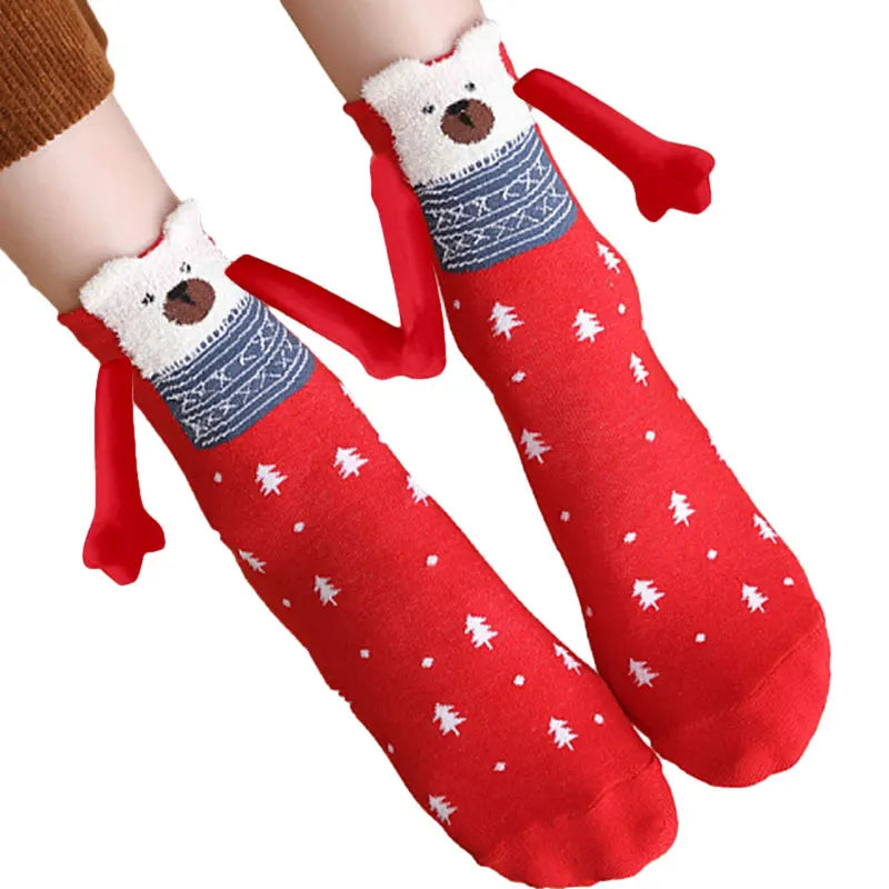 Cute Christmas Magnetic Socks Cotton Santa Claus Bear Pattern Hand In Hand Celebrity Couple Sock Mid Tube Soft Socks With Magnet ShopOnlyDeal