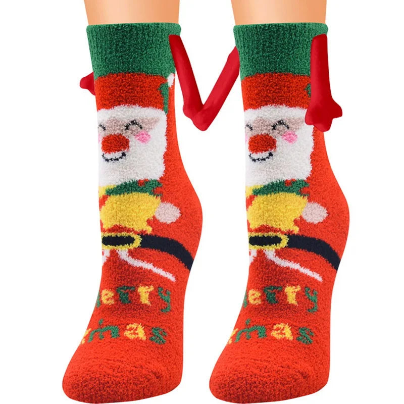 Cute Christmas Magnetic Socks Cotton Santa Claus Bear Pattern Hand In Hand Celebrity Couple Sock Mid Tube Soft Socks With Magnet ShopOnlyDeal