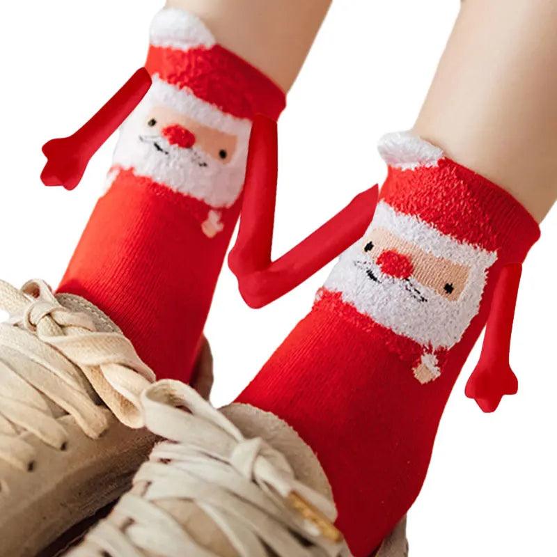 Cute Christmas Magnetic Socks Cotton Santa Claus Bear Pattern Hand In Hand Celebrity Couple Sock Mid Tube Soft Socks With Magnet ShopOnlyDeal