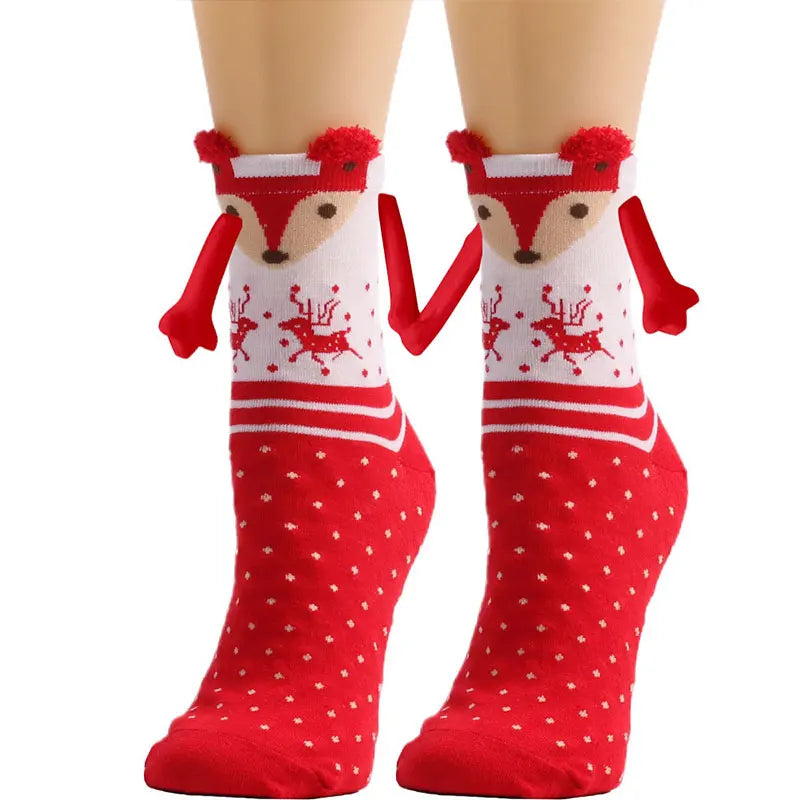 Cute Christmas Magnetic Socks Cotton Santa Claus Bear Pattern Hand In Hand Celebrity Couple Sock Mid Tube Soft Socks With Magnet ShopOnlyDeal