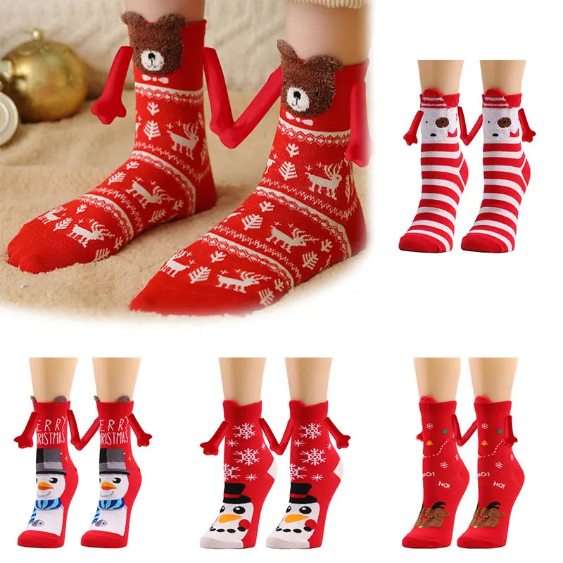 Cute Christmas Magnetic Socks Cotton Santa Claus Bear Pattern Hand In Hand Celebrity Couple Sock Mid Tube Soft Socks With Magnet ShopOnlyDeal