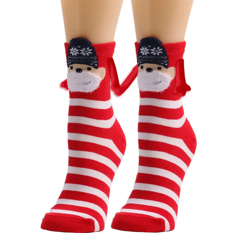 Cute Christmas Magnetic Socks Cotton Santa Claus Bear Pattern Hand In Hand Celebrity Couple Sock Mid Tube Soft Socks With Magnet ShopOnlyDeal