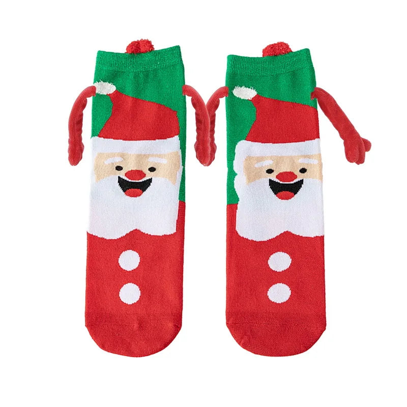 Cute Christmas Magnetic Socks Cotton Santa Claus Bear Pattern Hand In Hand Celebrity Couple Sock Mid Tube Soft Socks With Magnet ShopOnlyDeal