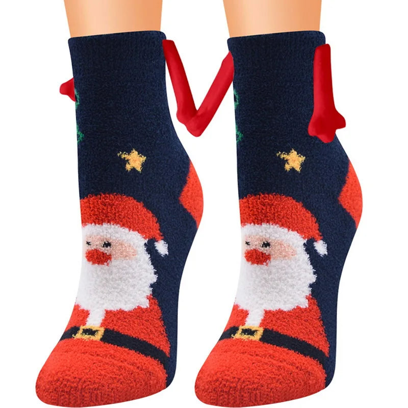 Cute Christmas Magnetic Socks Cotton Santa Claus Bear Pattern Hand In Hand Celebrity Couple Sock Mid Tube Soft Socks With Magnet ShopOnlyDeal