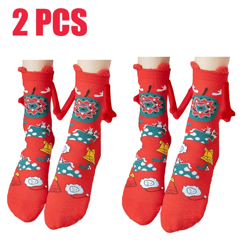 Cute Christmas Magnetic Socks Cotton Santa Claus Bear Pattern Hand In Hand Celebrity Couple Sock Mid Tube Soft Socks With Magnet ShopOnlyDeal