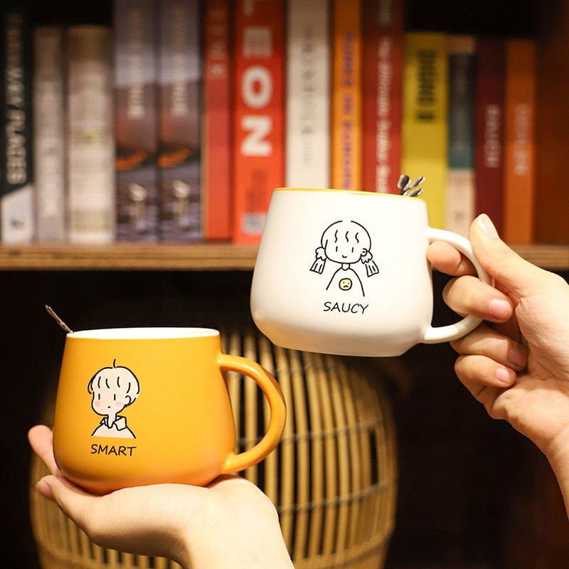 Cute Cartoon Mug With Spoon His and Hers Coffee Mugs Student Office Coffee Cups Ceramic Cup Large Capacity Unisex Drinking Cup Uptrends