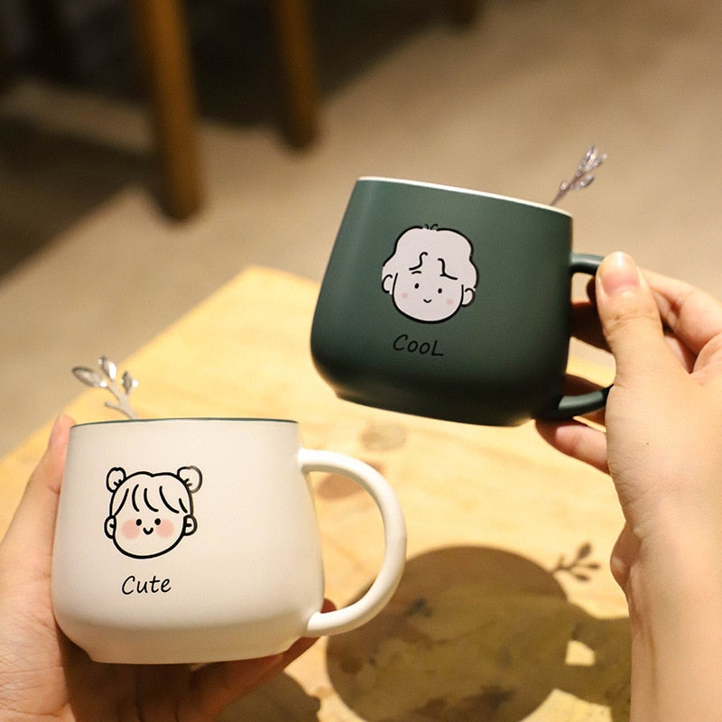 Cute Cartoon Mug With Spoon His and Hers Coffee Mugs Student Office Coffee Cups Ceramic Cup Large Capacity Unisex Drinking Cup Uptrends