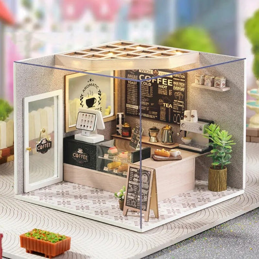 Coffee Shop DIY Dollhouse Kit with Furniture and Light Coffee Shop Miniature Doll House Wooden Model Toy for Adult Birthday Gifts ShopOnlyDeal