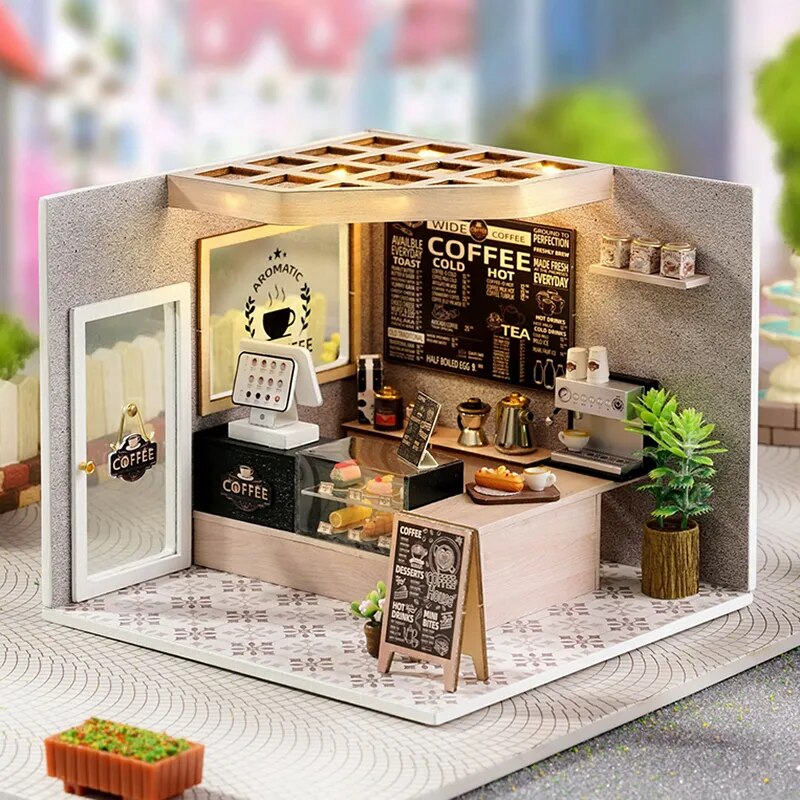 Coffee Shop DIY Dollhouse Kit with Furniture and Light Coffee Shop Miniature Doll House Wooden Model Toy for Adult Birthday Gifts ShopOnlyDeal