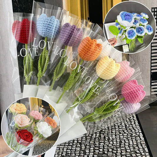 DIY Knitting Bouquet Rose Tulip Flower Bouquet Sunflower Hand-knitted Fake Flowers Knit Flower Home Table Crochet Floral Bouquet ShopOnlyDeal