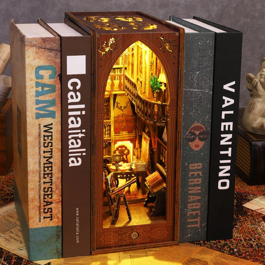 Book Corner DIY miniature doll house set 3D wooden spelling shelf insert decoration with sensor light creative bookend gift ShopOnlyDeal