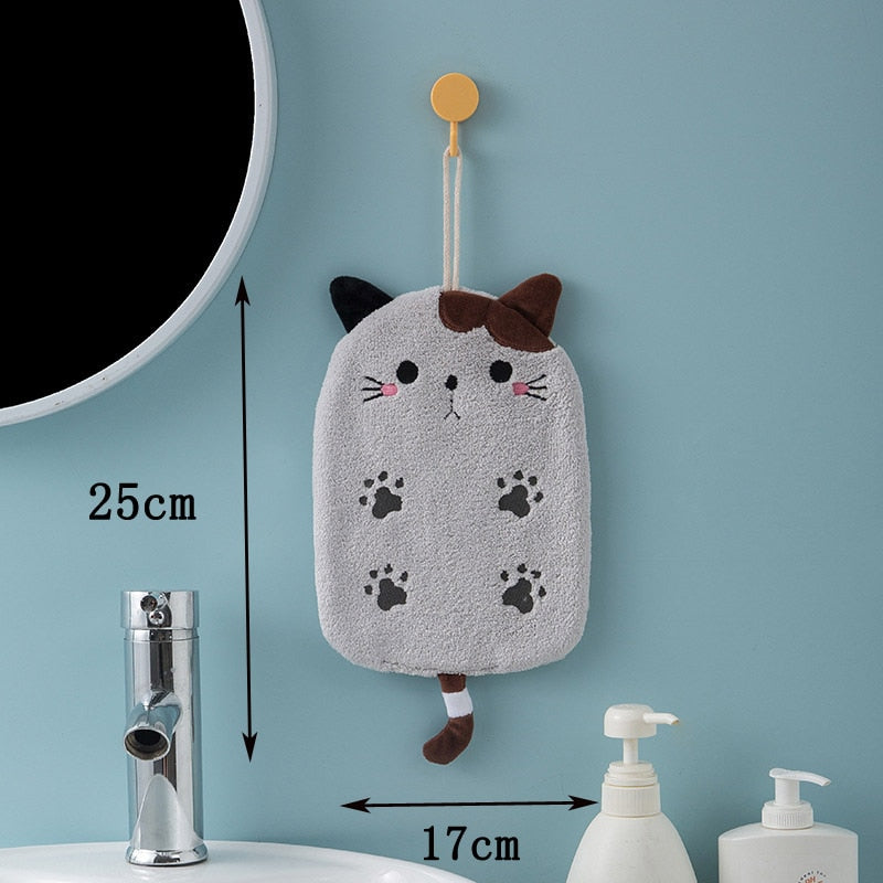 Super Absorbent Cat Embroidered Towelette: Hanging Type, Coral Velvet Hand Towel for Home Decor and Bathroom Supplies ShopOnlyDeal