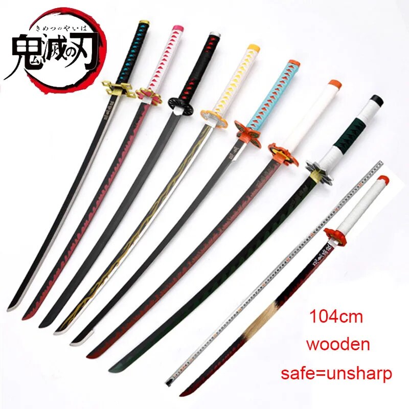 Demon Slayer Katana 104cm Tanjirou Zenitsu Wooden Sword Anime Ghost Killer Blunt Cosplay Props Weapon Model Kids Toy Ninja Blade ShopOnlyDeal