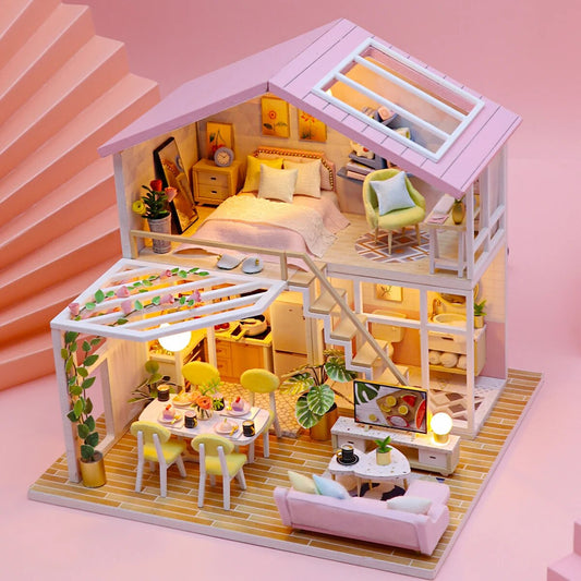 Pink Doll House Cute Mini  DIY Small Kit Production Room Princess Toys, Home Bedroom Decoration with Furniture Wooden Craf ShopOnlyDeal