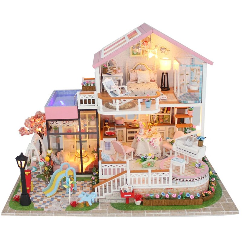 DollHouse Miniature Doll DIY Assembly Building Model Villa Kit Production Small Room Girl Toys, Home Bedroom Decoration with Fu ShopOnlyDeal