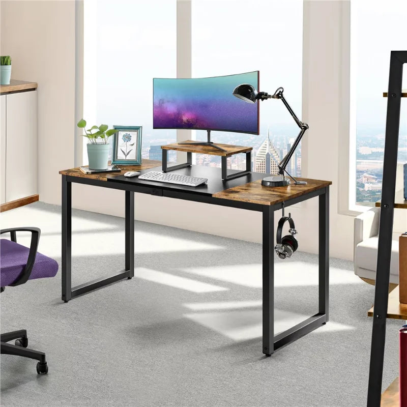 Easyfashion Industrial Computer Desk with Monitor Stand, Rustic Brown/Black Laptop Desk Computer Desk  Gaming Desk ShopOnlyDeal