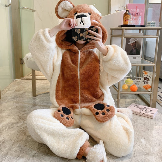 Kawaii Autumn Winter Warm Pajamas Women Sleepwear Winter Pajamas Loose Version One-Piece Cartoon Plush Hooded Nightgown Plus Size 4618 ShopOnlyDeal