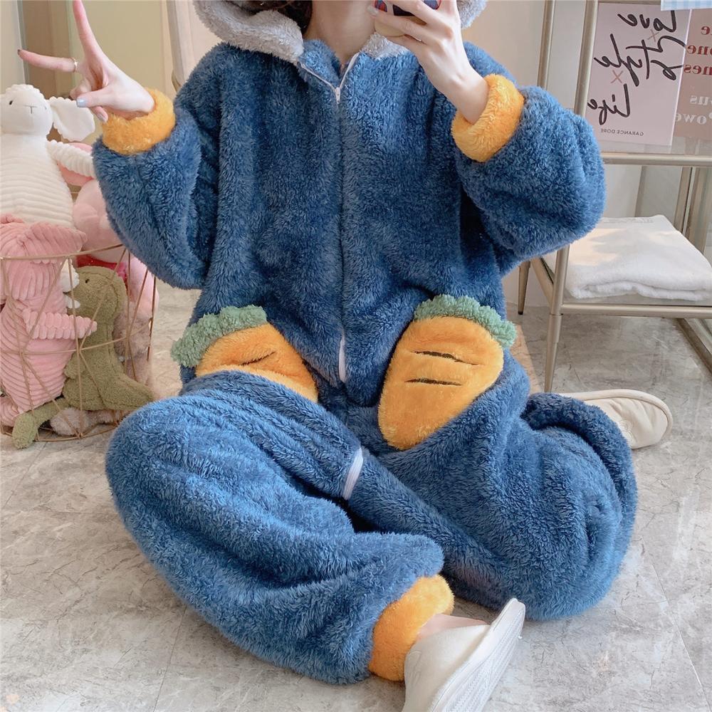 Kawaii Autumn Winter Warm Pajamas Women Sleepwear Winter Pajamas Loose Version One-Piece Cartoon Plush Hooded Nightgown Plus Size 4611 ShopOnlyDeal