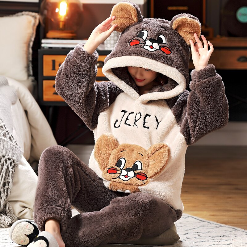 Kawaii Winter Pajamas Set Thick Flannel Homewear Female Women Warm Sleepwear Unisex Tops Pants Couples Home Clothes Trouser Suit A ShopOnlyDeal