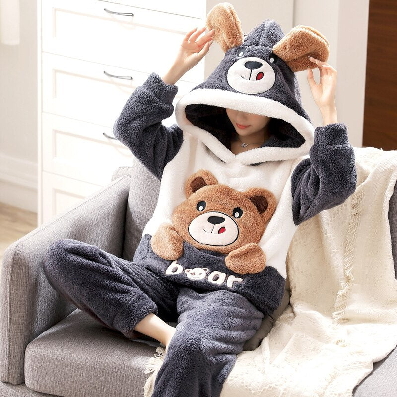 Kawaii Winter Pajamas Set Thick Flannel Homewear Female Women Warm Sleepwear Unisex Tops Pants Couples Home Clothes Trouser Suit L ShopOnlyDeal