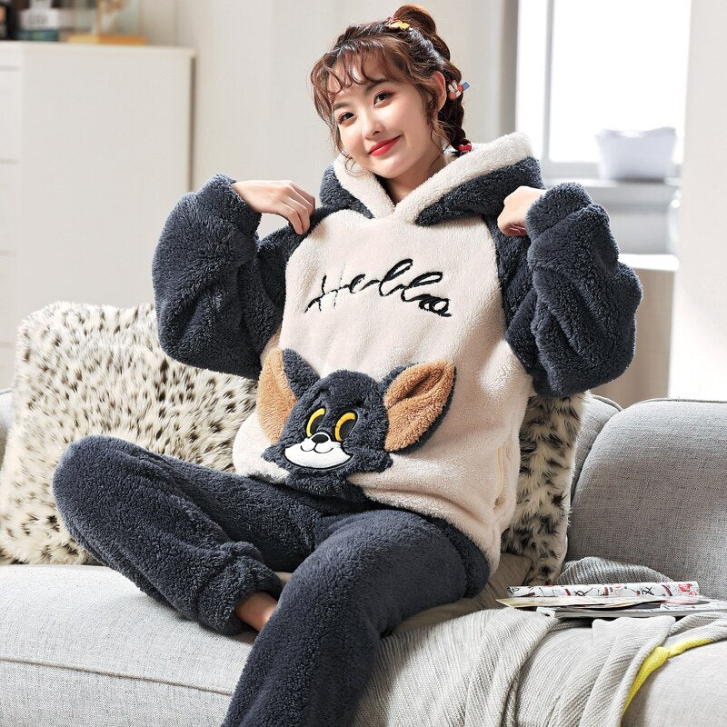 Kawaii Winter Pajamas Set Thick Flannel Homewear Female Women Warm Sleepwear Unisex Tops Pants Couples Home Clothes Trouser Suit B ShopOnlyDeal