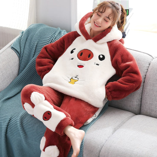 Kawaii Winter Pajamas Set Thick Flannel Homewear Female Women Warm Sleepwear Unisex Tops Pants Couples Home Clothes Trouser Suit H ShopOnlyDeal