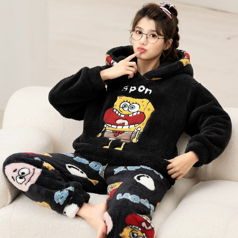 Kawaii Winter Pajamas Set Thick Flannel Homewear Female Women Warm Sleepwear Unisex Tops Pants Couples Home Clothes Trouser Suit E ShopOnlyDeal