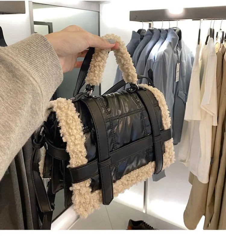 Luxury Handbags Fashion Fur bag women jumbo capacity totes handbag black pu leather Shoulder Messenger sheep fur bag 2020 winter new deisgner ShopOnlyDeal