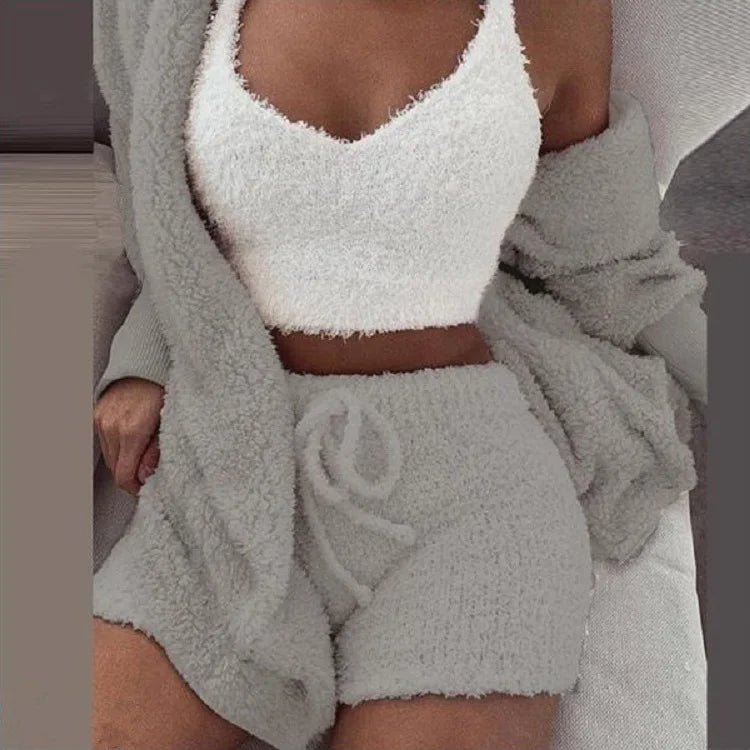 Fluffy Pajamas Set for Women Casual Sleepwear Tank Top and Shorts Plus Size Hoodie Leisure Homsuit Winter 3 Pieces Pijamas MiShiQiFUYun Store