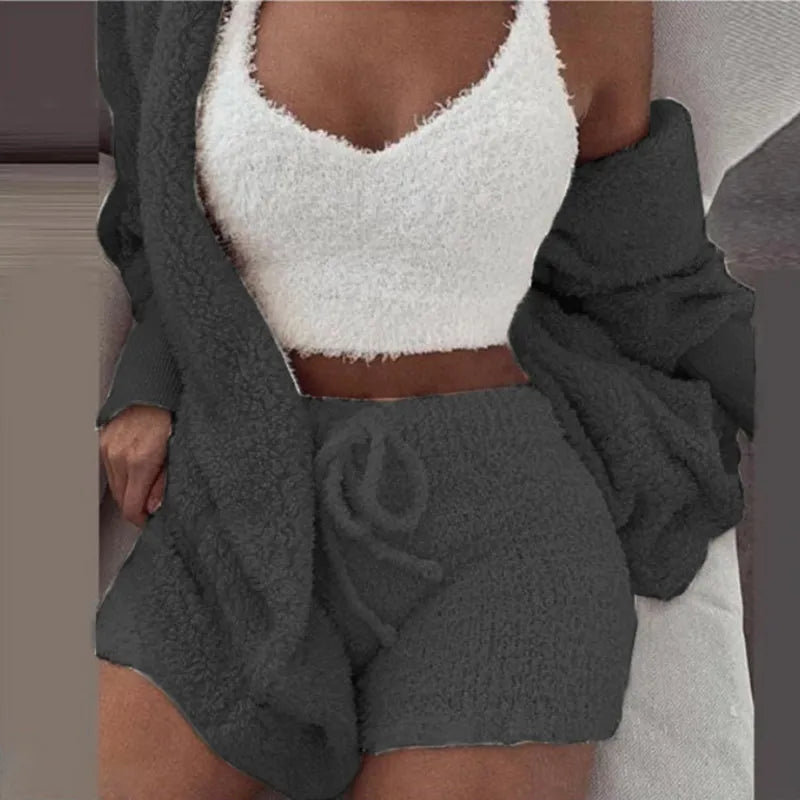 Fluffy Pajamas Set for Women Casual Sleepwear Tank Top and Shorts Plus Size Hoodie Leisure Homsuit Winter 3 Pieces Pijamas MiShiQiFUYun Store