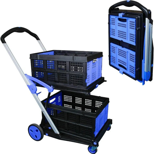 Folding Shopping Cart, Two Tier Collapsible Cart with One Crate, Heavy Duty Utility Cart with Multiple Uses Folding Trolley Shop1103077304 Store