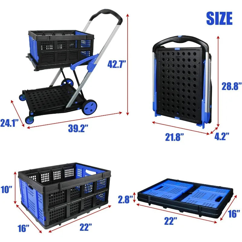 Folding Shopping Cart, Two Tier Collapsible Cart with One Crate, Heavy Duty Utility Cart with Multiple Uses Folding Trolley Shop1103077304 Store