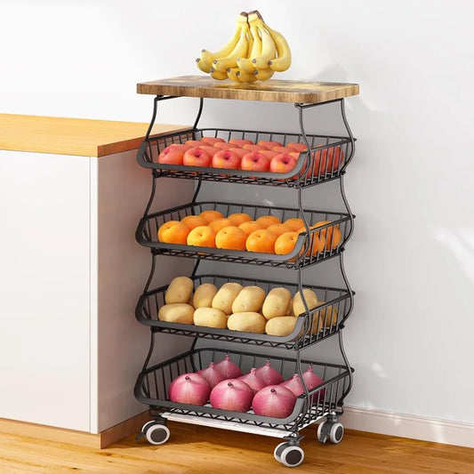 Kitchen Fruit Basket Kitchen Pantry Organizers and Storage - Wooden Top Table, Stackable Metal Wire Basket Stand Cart for Fruit Vegetabl ShopOnlyDeal