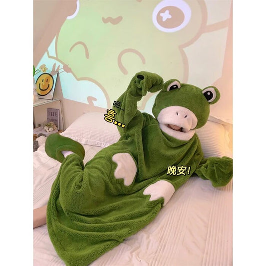 Funny Hooded Robes For Women Sleepwear Winter Thick Night Dress Bathrobe Pijama Mujer Cartoon Frog Long Nightgown Ropa de mujer ShopOnlyDeal