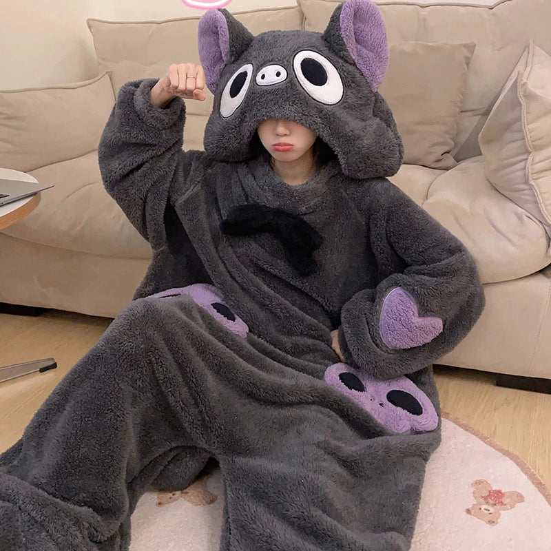 Kawaii Sleepwear Funny Onesie For Women / Men Bat Pajamas Winter Thicken Soft Hooded Jumpsuits Home Wear Pijamas One-piece ShopOnlyDeal