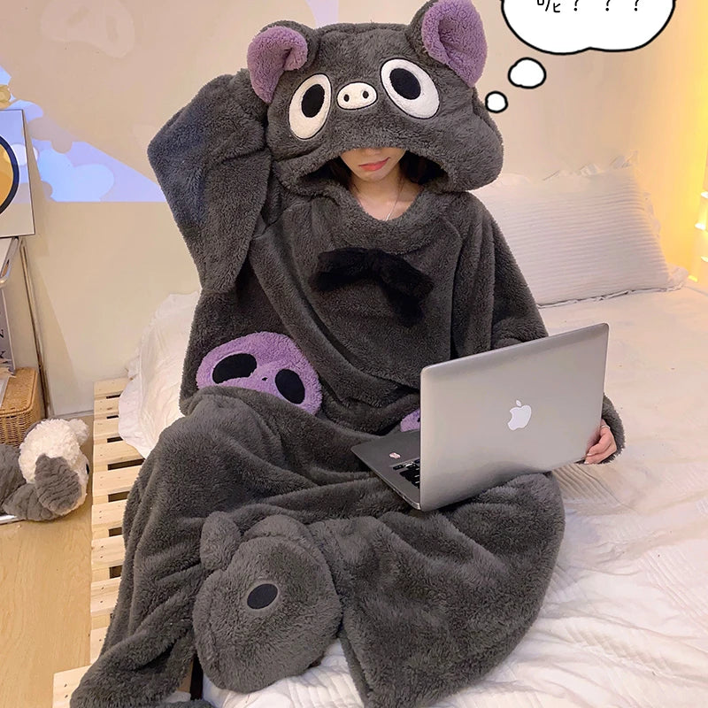 Kawaii Sleepwear Funny Onesie For Women / Men Bat Pajamas Winter Thicken Soft Hooded Jumpsuits Home Wear Pijamas One-piece ShopOnlyDeal