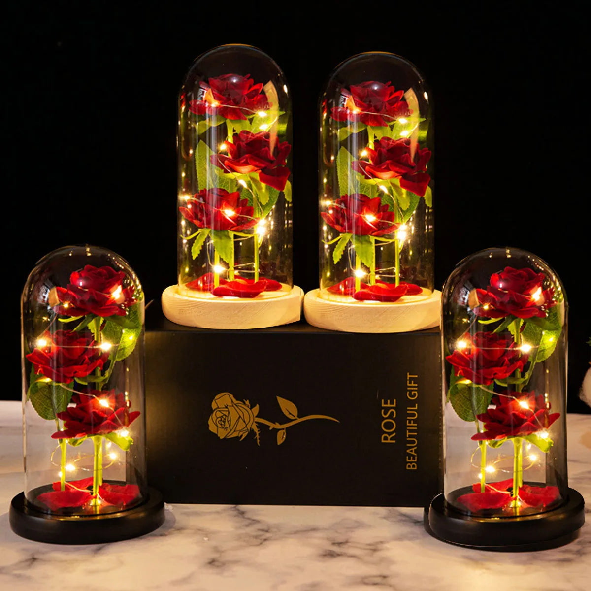 Glows in the dark Christmas Gift Box Artificial flowers Rose glass cover Valentine gift Gold roses Eternal love wedding decorati ShopOnlyDeal