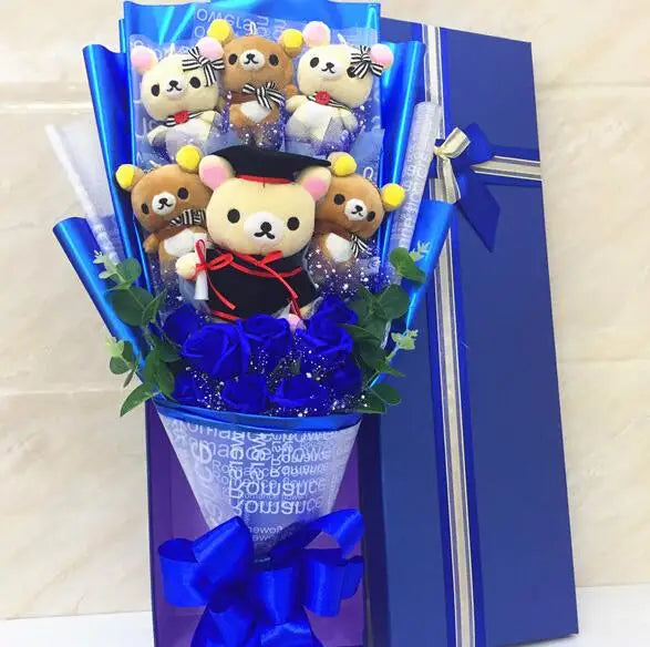 Graduate Teddy Bear with Rilakkuma: Stuffed Animal Plush Toy Complete with Graduation Flower Bouquet in Gift Box - Ideal Birthday and Graduation Gifts ShopOnlyDeal