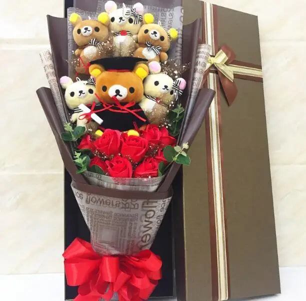 Graduate Teddy Bear with Rilakkuma: Stuffed Animal Plush Toy Complete with Graduation Flower Bouquet in Gift Box - Ideal Birthday and Graduation Gifts ShopOnlyDeal