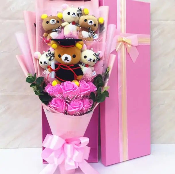 Graduate Teddy Bear with Rilakkuma: Stuffed Animal Plush Toy Complete with Graduation Flower Bouquet in Gift Box - Ideal Birthday and Graduation Gifts ShopOnlyDeal