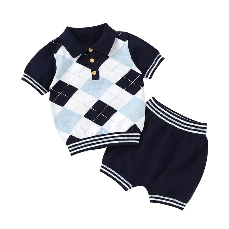 Baby Clothing Set | 100% Cotton Knitted | Newborn Boy & Girl Fashion | Turn-Down Plaid Pullover + Solid Shorts | Infant Toddler Suit for Summer ShopOnlyDeal