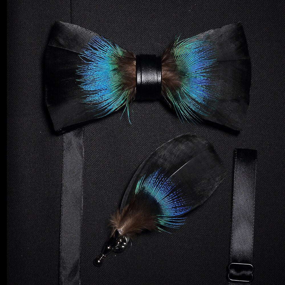 Bow Tie & Pin set handmade Natural Feather bowtie Gift Box Business Suit For Wedding Party Fashion Colorful Men's ShopOnlyDeal