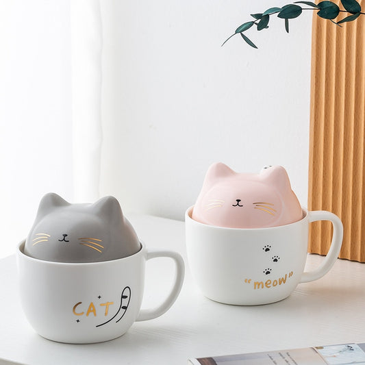 Cat Ceramic Coffee Mug Cute Cartoon With Lid Spoon Water Cup Home Kitchen Funny Accessories Kitten ShopOnlyDeal