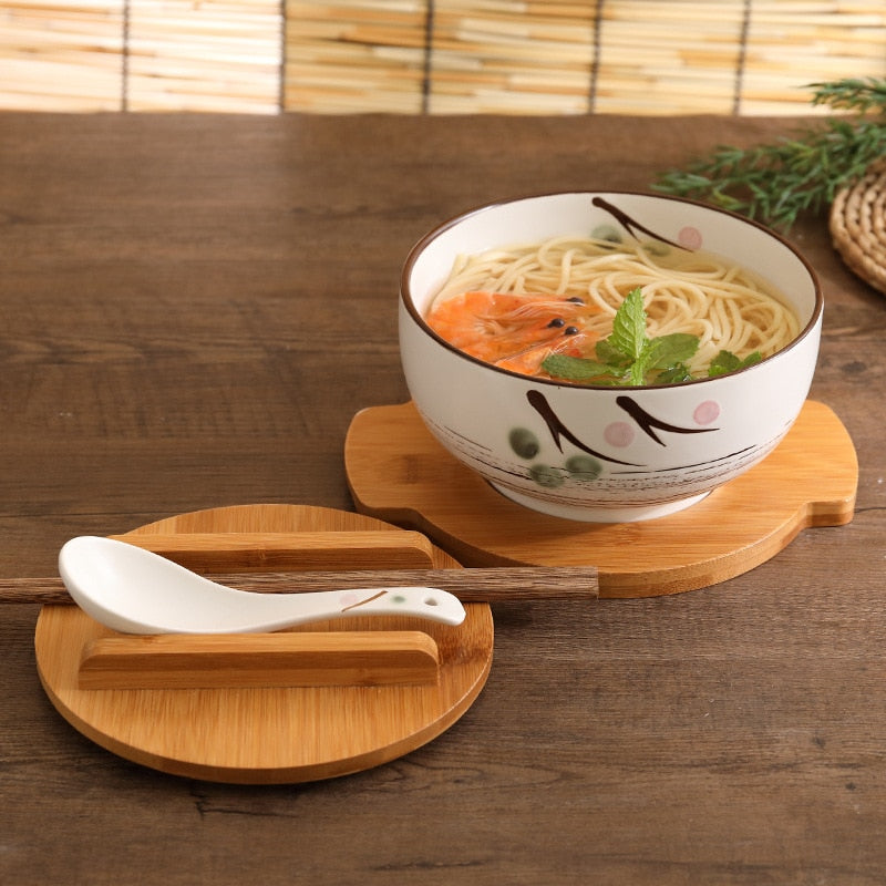 Japanese Style Rice Noodle Bowl with Lid Spoon and Chopstick Kitchen Tableware Ceramic Salad Soup Bowl Food Container Dinnerware ShopOnlyDeal